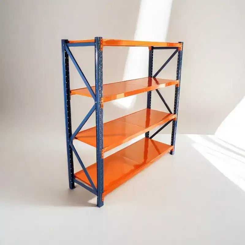 VIYET extra stevige garageschappen, verstelbare metalen stellingkast met 4 niveaus en een draagvermogen van 4400LBS, blauwe en oranje industriële opslag voor winkels, gereedschap en sportscholen