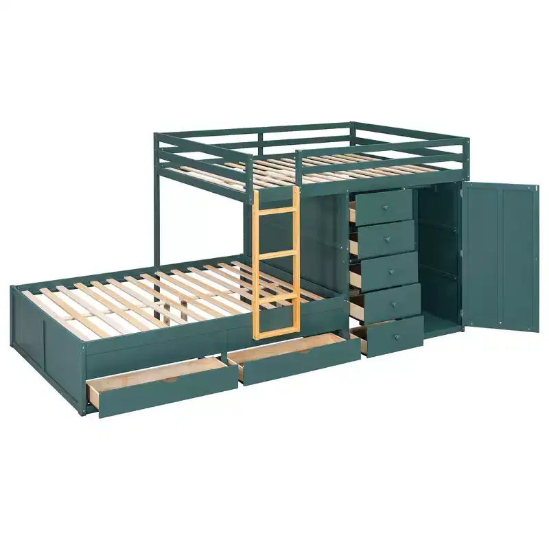 Stapelbed met twee tweepersoonsbedden, opbergkast en laden, houten stapelbed in tweepersoonsformaat met ruimtebesparend ontwerp en veiligheidsreling voor appartement en slaapkamer