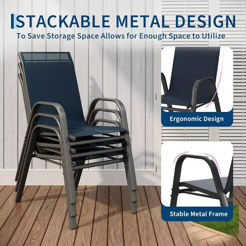 Terrasstoelen, stapelbare buiteneetkamerstoelen set van 4/6, lichtgewicht Textilene-stoelensets voor buiten voor alle weersomstandigheden, met armleuningen voor de achtertuin en het zwembadterras