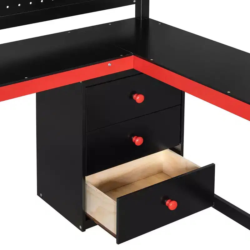 GDFStudio Scott Gaming-Hochbett aus Holz mit Aufbewahrungstreppen, Schreibtisch, Regalen und Lochwand