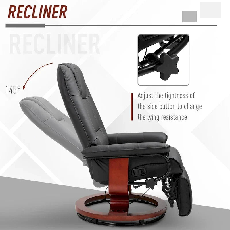 HomCom verstelbare handmatige relaxfauteuil van imitatieleer met draaivoet en comfortabele, ontspannende voetensteun