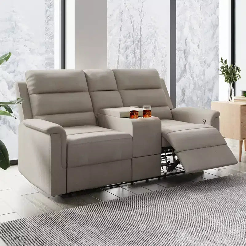 Beiges/graues Zweisitzer-Liegesofa aus Tech-Gewebe mit verstellbarer Rückenlehne und Fußstütze