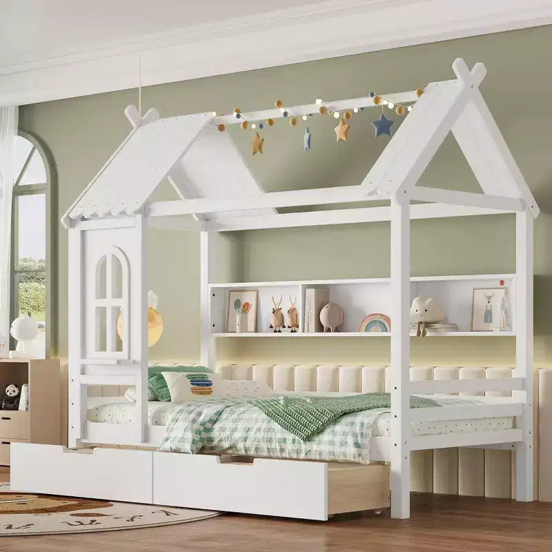 Hausbett mit Stauraumschubladen und Fenster, Massivholzrahmen mit Regalen, kindgerechtes verspieltes Design, hellweiß