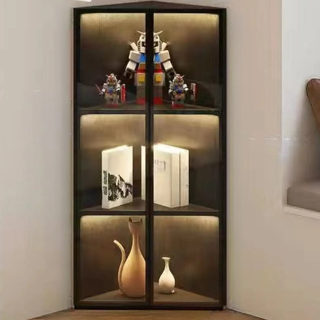 Moderner grauer Eckvitrinenschrank aus Metall und Holz mit Glastür