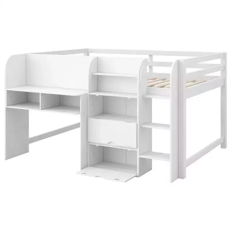 Roze/witte lage hoogslaper met bureau, opbergruimte en whiteboard ?C eenpersoonsbed, 1 persoon