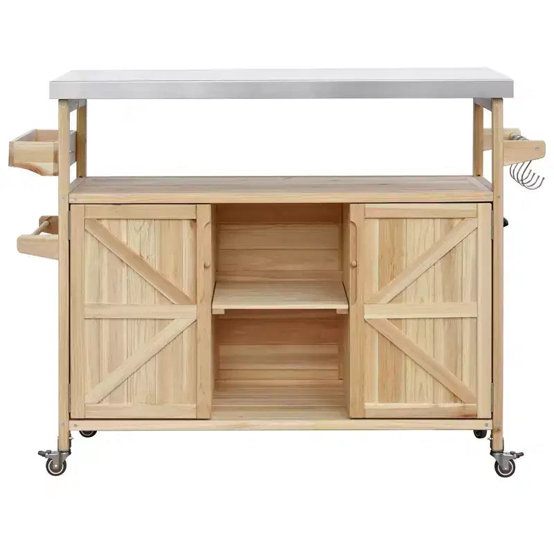 Îlot de cuisine d’extérieur Okak avec plateau en acier inoxydable, desserte de cuisine en bois avec portes, étagères et porte-épices, îlot de cuisine à roulettes