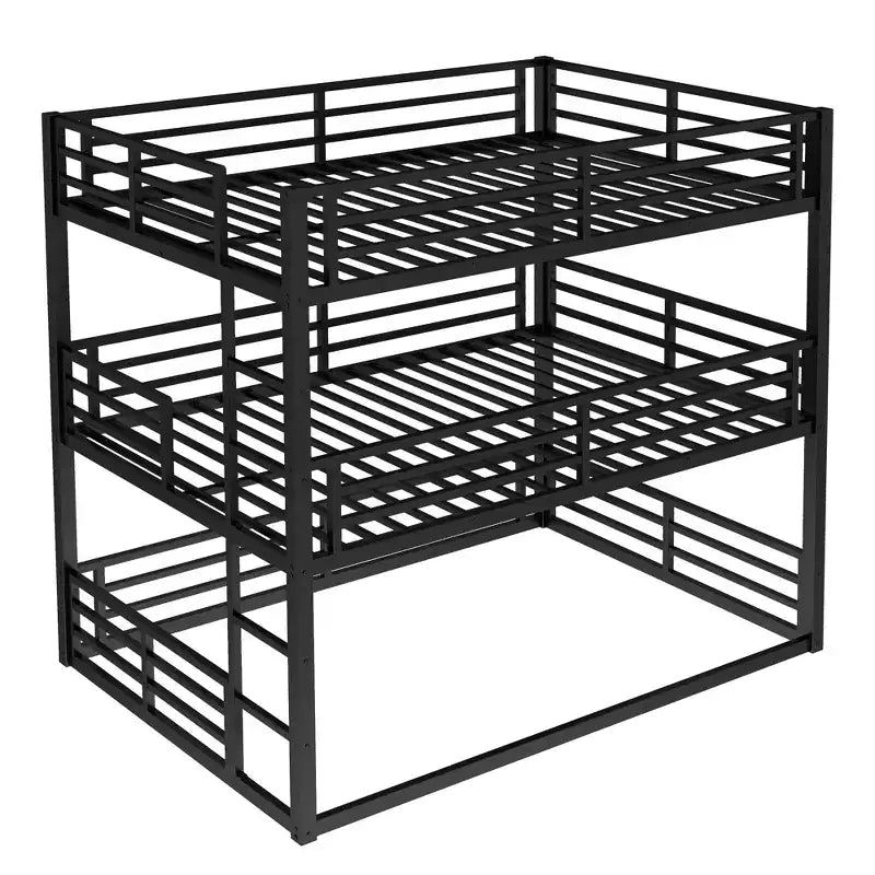 Etagenbett für drei Personen, Metall, mit Sicherheitsgittern, robustes Etagenbett mit geräuschreduziertem Design, Schwarz