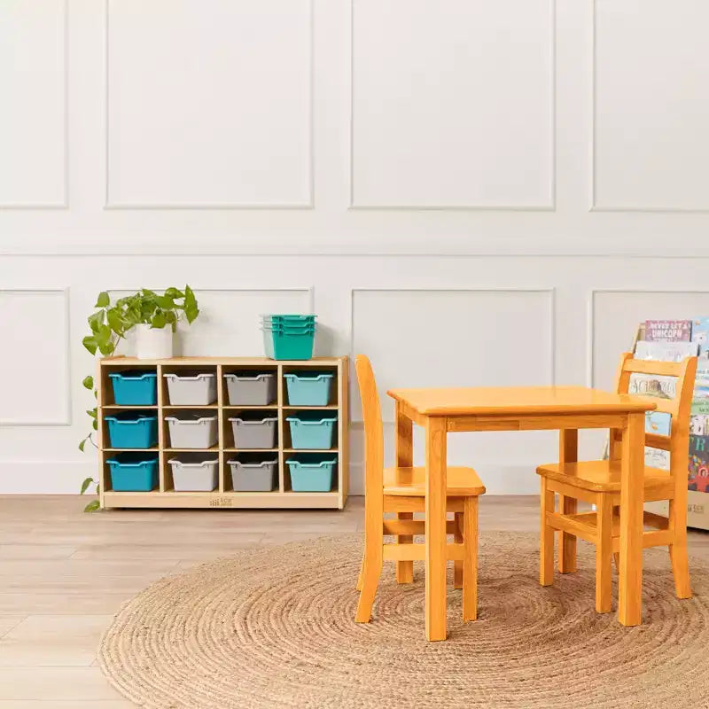 Meuble mobile à casiers avec plateau et 15 bacs à façade incurvée, 3x4, mobilier pour enfants