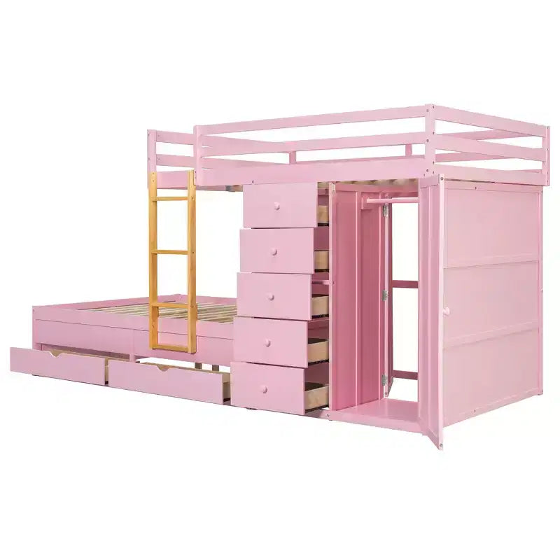 Stapelbed met twee tweepersoonsbedden, opbergkast en laden, houten stapelbed in tweepersoonsformaat met ruimtebesparend ontwerp en veiligheidsreling voor appartement en slaapkamer