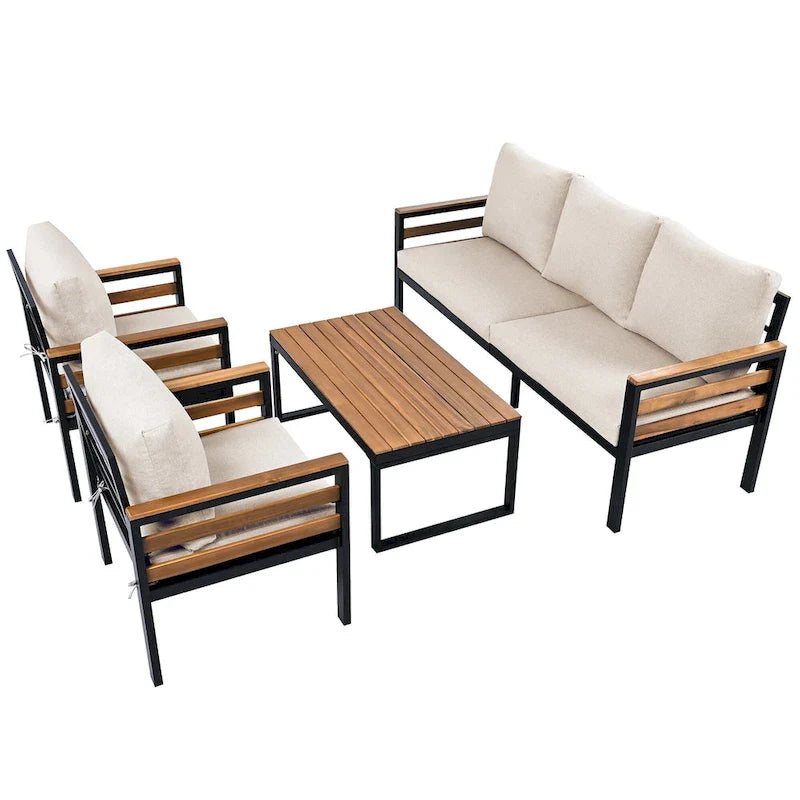 4-teiliges Outdoor-Sofaset für 5 Personen mit Couchtisch aus Massivholz und abnehmbaren Kissen
