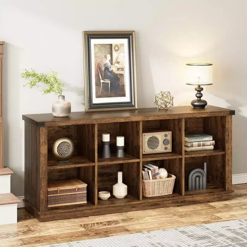 Bibliothèque de rangement à 8 casiers, style champêtre, modèle horizontal, bibliothèque en bois de 62 pouces pour entrée, longues bibliothèques basses pour salon