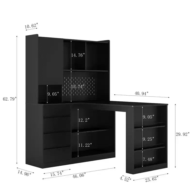 Bureau d’angle en L de 46 pouces avec bibliothèque et tiroirs