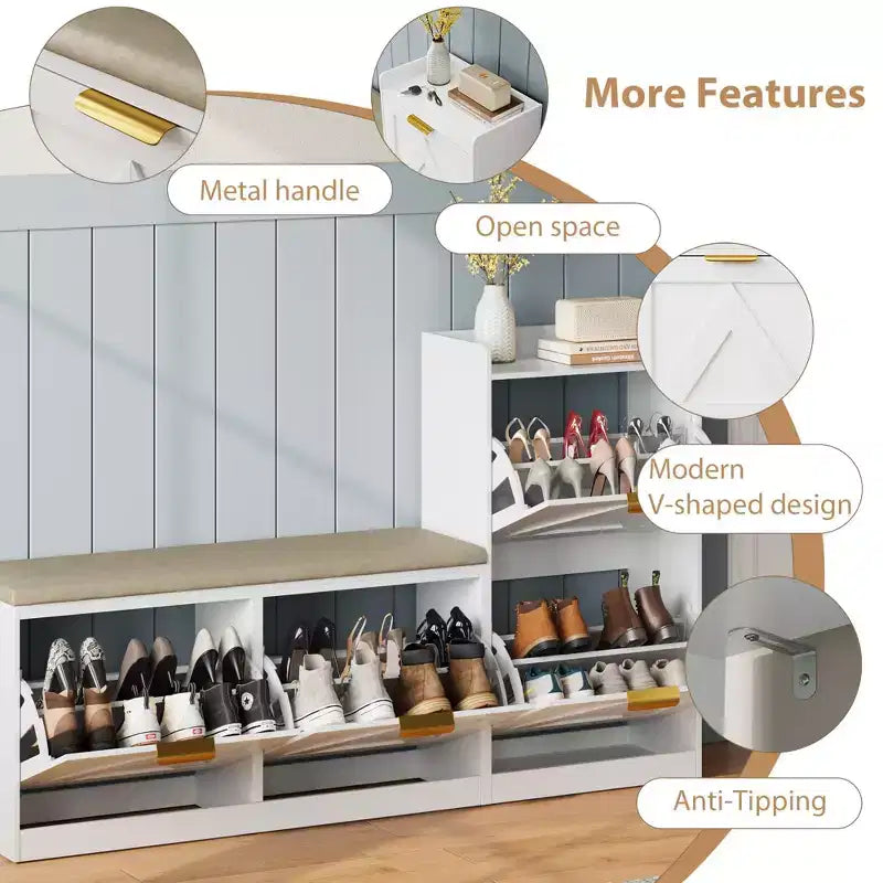 Meuble à chaussures style farmhouse avec banc, 4 tiroirs basculants pour l’entrée, organisateur de rangement avec assise rembourrée confortable, banc porte-chaussures autoportant