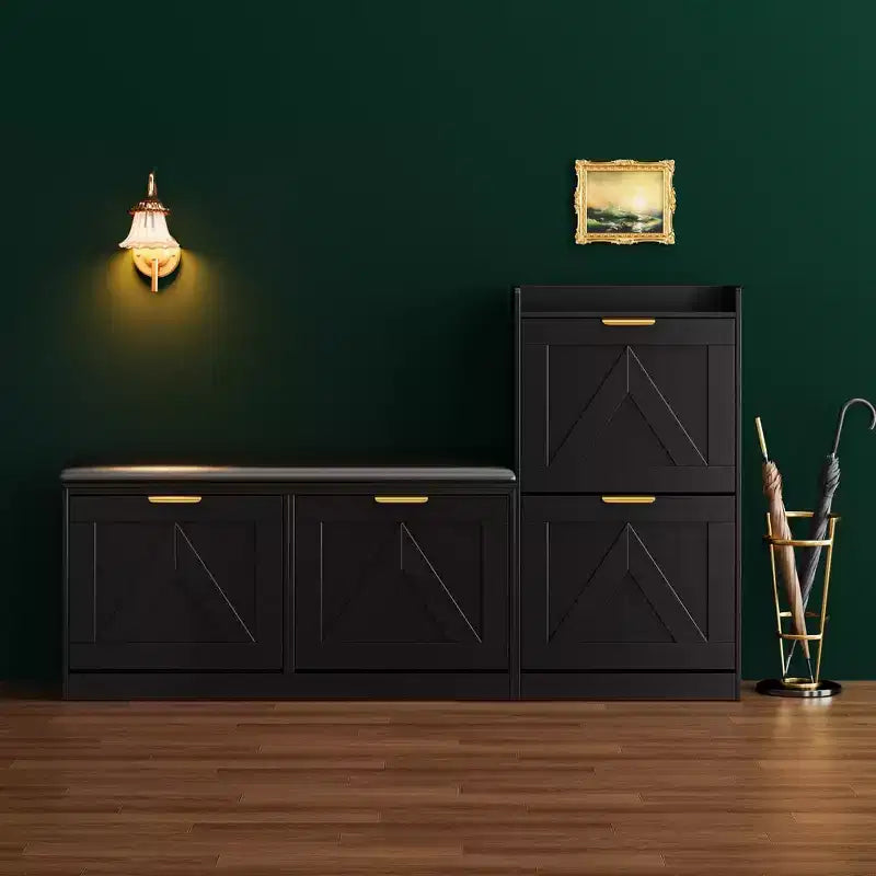 Meuble à chaussures style farmhouse avec banc, 4 tiroirs basculants pour l’entrée, organisateur de rangement avec assise rembourrée confortable, banc porte-chaussures autoportant