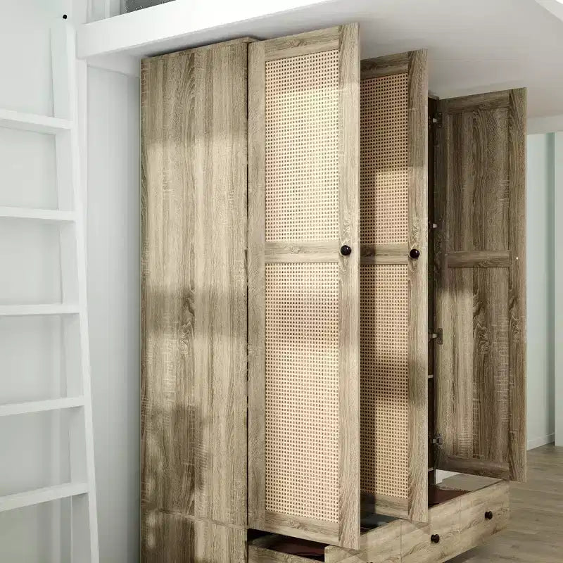 Famapy Rattan-Kleiderschrank mit 3 Schubladen und 3 atmungsaktiven Rattantüren, hoher Schrank im Landhausstil für das Schlafzimmer