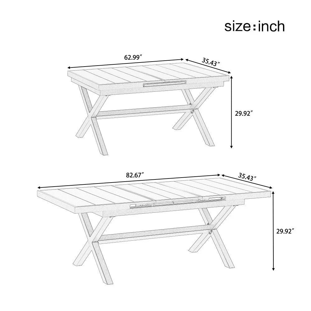 Modernes 7-teiliges Gartenmöbelset mit sechs Stühlen und ausziehbarem Tisch für die Terrasse