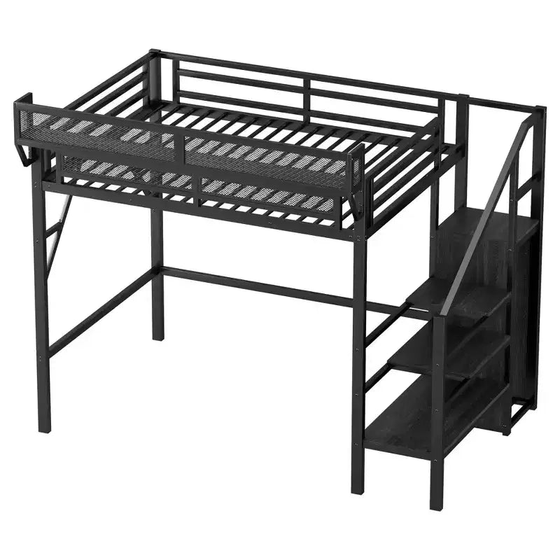 Okak Hochbett für Einzelbettmatratze mit Kleiderschrank, 94 Zoll, mit Ablagefächern und Korb, Bettgestell für Schlafzimmer und Wohnheim