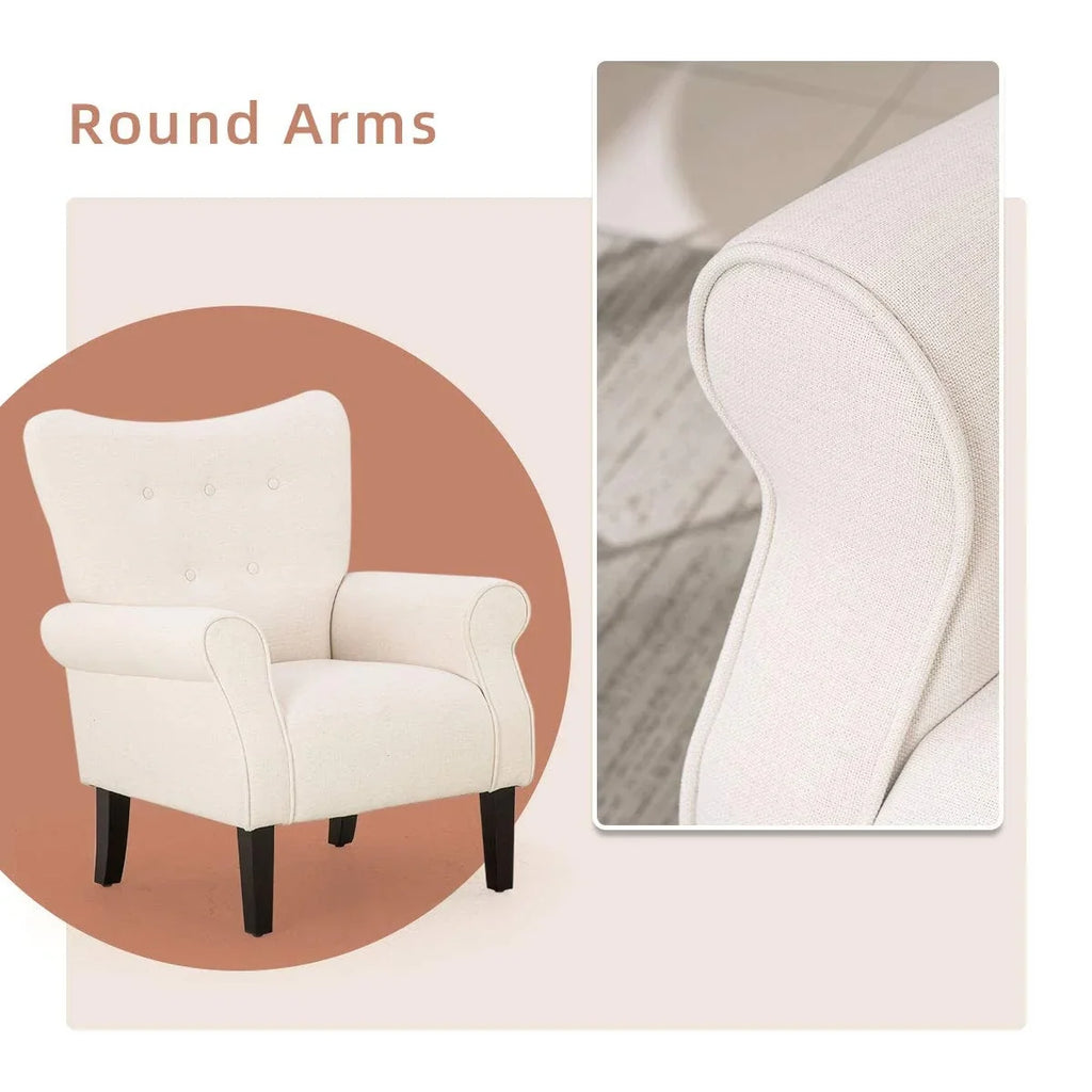 Fauteuil d’appoint moderne Erommy à dossier haut, fauteuil une place en tissu rembourré avec boutons et pieds en bois, pour salon