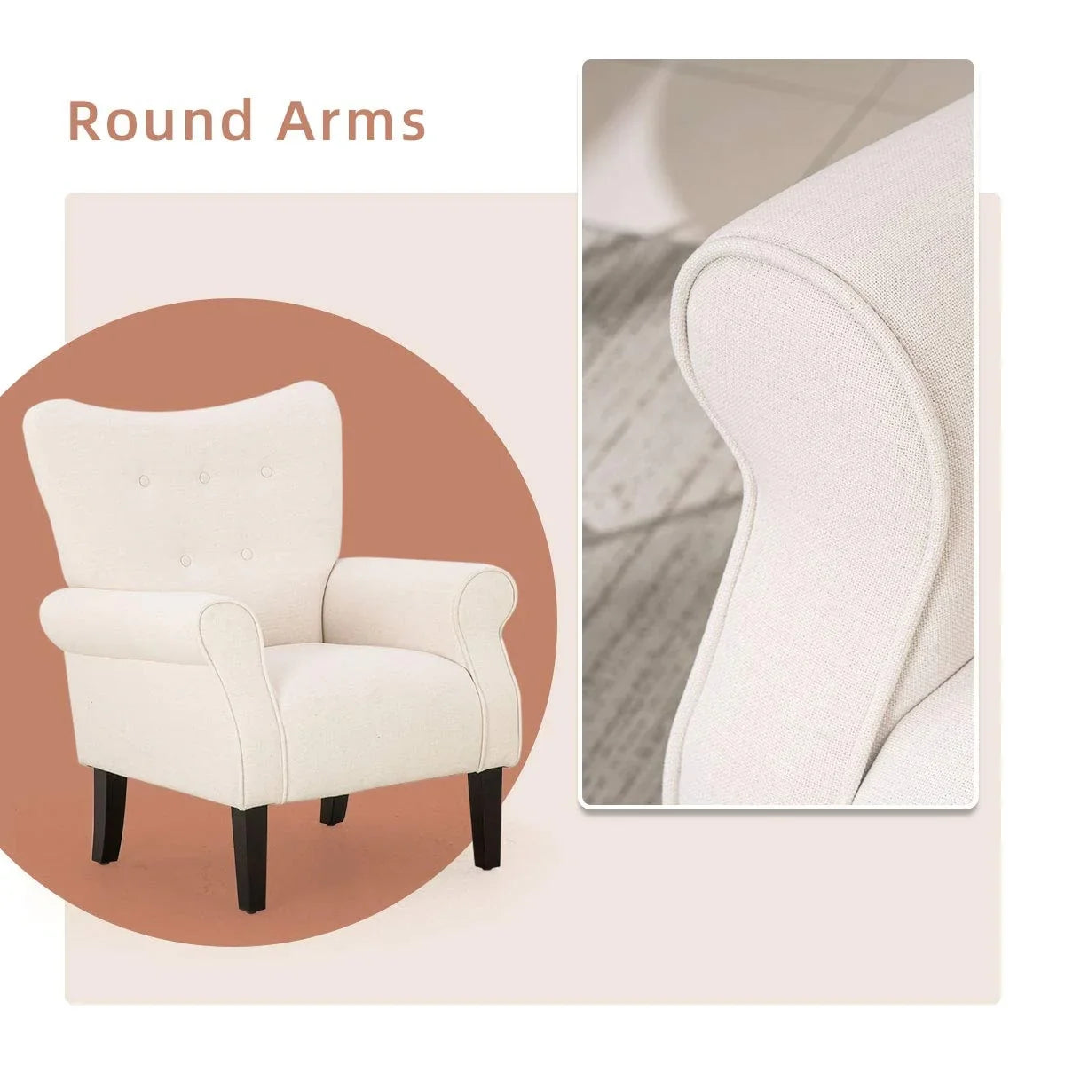 Fauteuil d’appoint moderne Erommy à dossier haut, fauteuil une place en tissu rembourré avec boutons et pieds en bois, pour salon