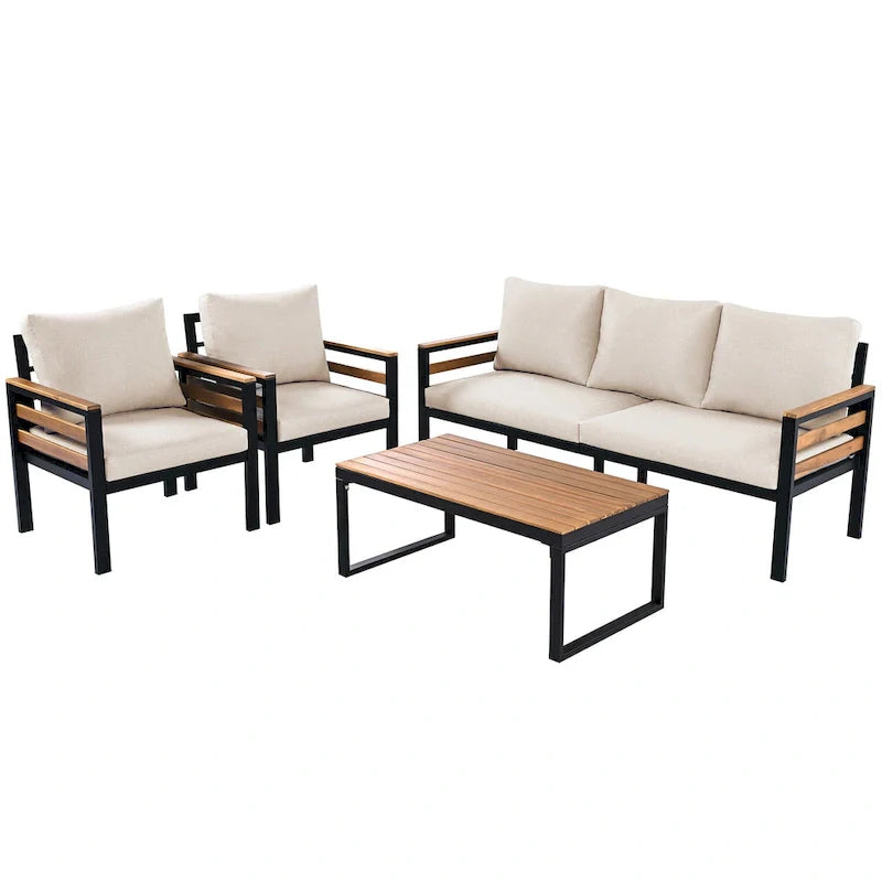 4-teiliges Outdoor-Sofaset für 5 Personen mit Couchtisch aus Massivholz und abnehmbaren Kissen