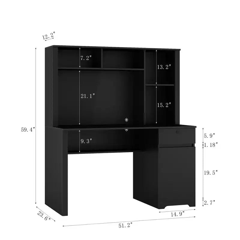 Moderne computerbureau van 51.18IN met opzetkast en boekenplank, bureau met veel opbergruimte, schrijftafel voor studeerkamer en leesruimte