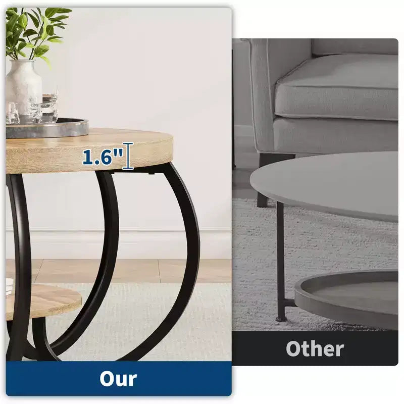 Ronde industriële salontafel van 30 inch, 2 niveaus, met verstelbare voetjes, plank met houtnerf, vlamontwerp, eenvoudig te monteren, voor de woonkamer