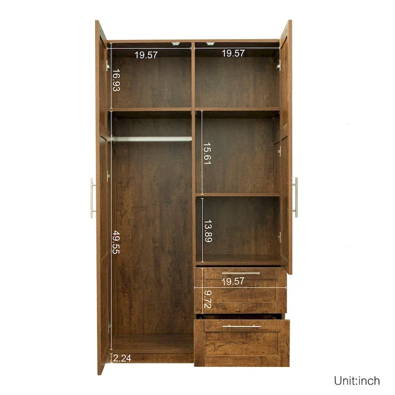 Armoire de rangement en bois blanc avec portes, tiroirs et tringle de penderie