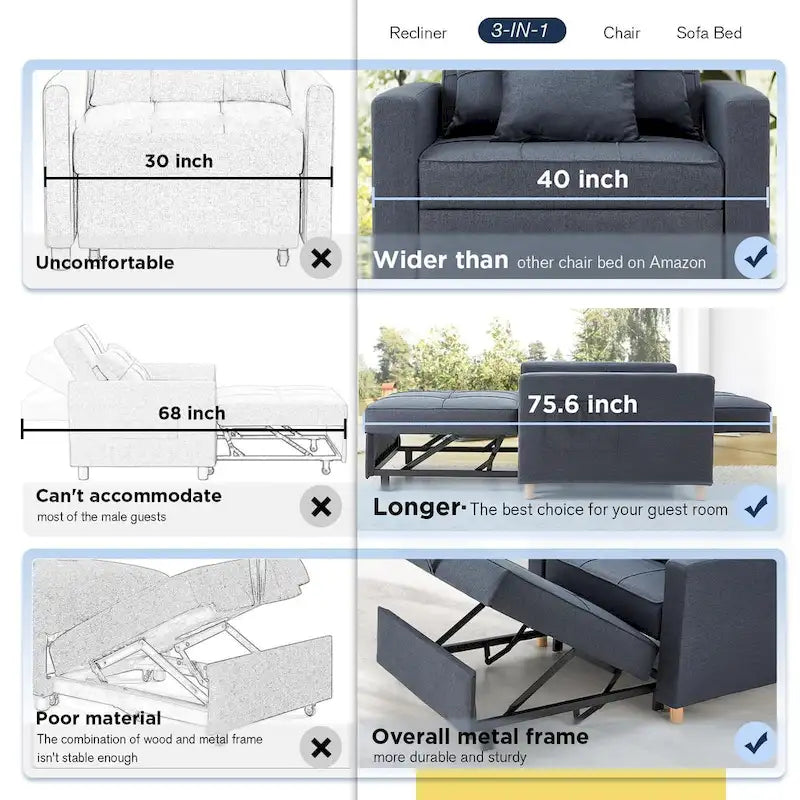 Verstellbarer Schlafsessel, 3-in-1-Funktion, verschiedene Farben, für 1 Person