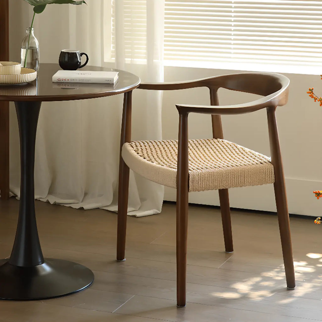 Chaise de salle à manger scandinave en bois courbé, avec assise tressée et accoudoirs