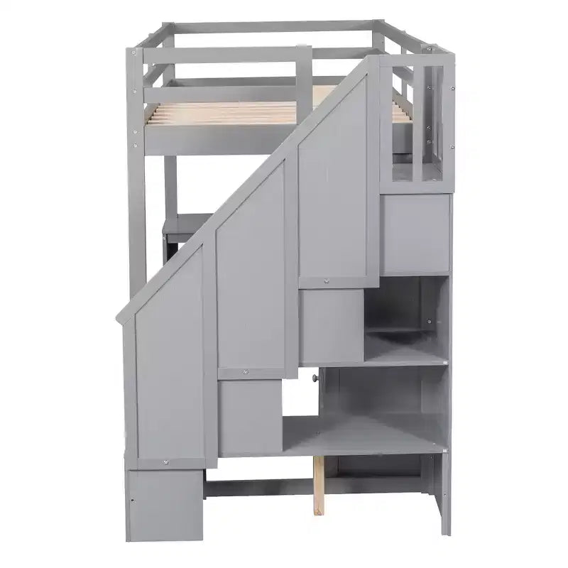 Hochbett in Einzelbettgröße mit L-förmigem Schreibtisch, 3 Schubladen, Schrank und Stauraum in der Treppe, Konstruktion aus massivem Kiefernholz/MDF