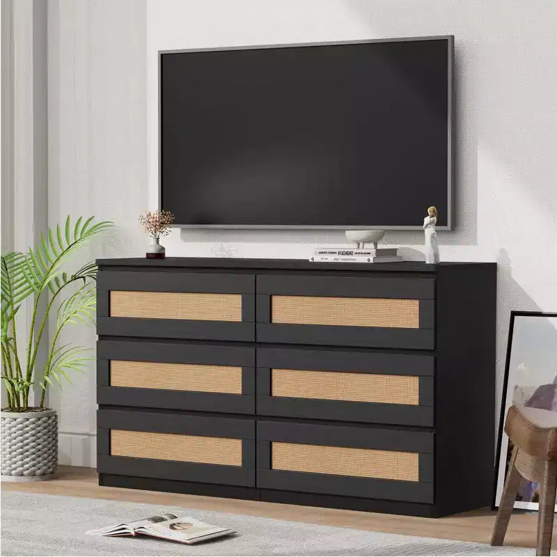 Rotan ladekast voor de slaapkamer met 6 laden, brede moderne ladekast van 47 inch in landelijke stijl, houten opbergkast en organizer voor kledingkast, woonkamer en hal