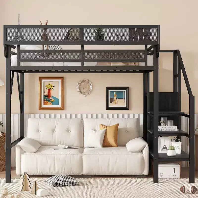 Okak Hochbett für Einzelbettmatratze mit Kleiderschrank, 94 Zoll, mit Ablagefächern und Korb, Bettgestell für Schlafzimmer und Wohnheim