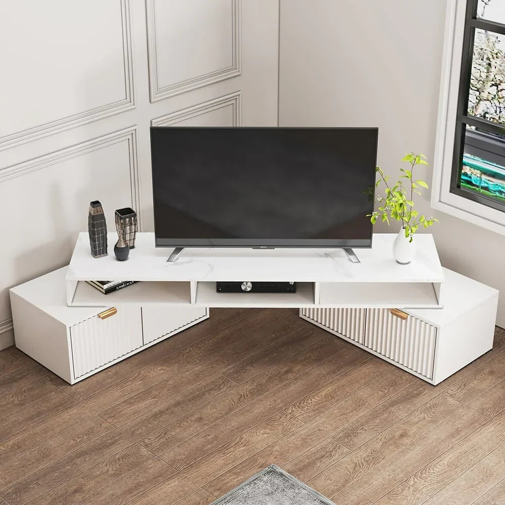 Moderner weißer Eck-TV-Ständer mit 2 Schubladen und offenem Stauraum