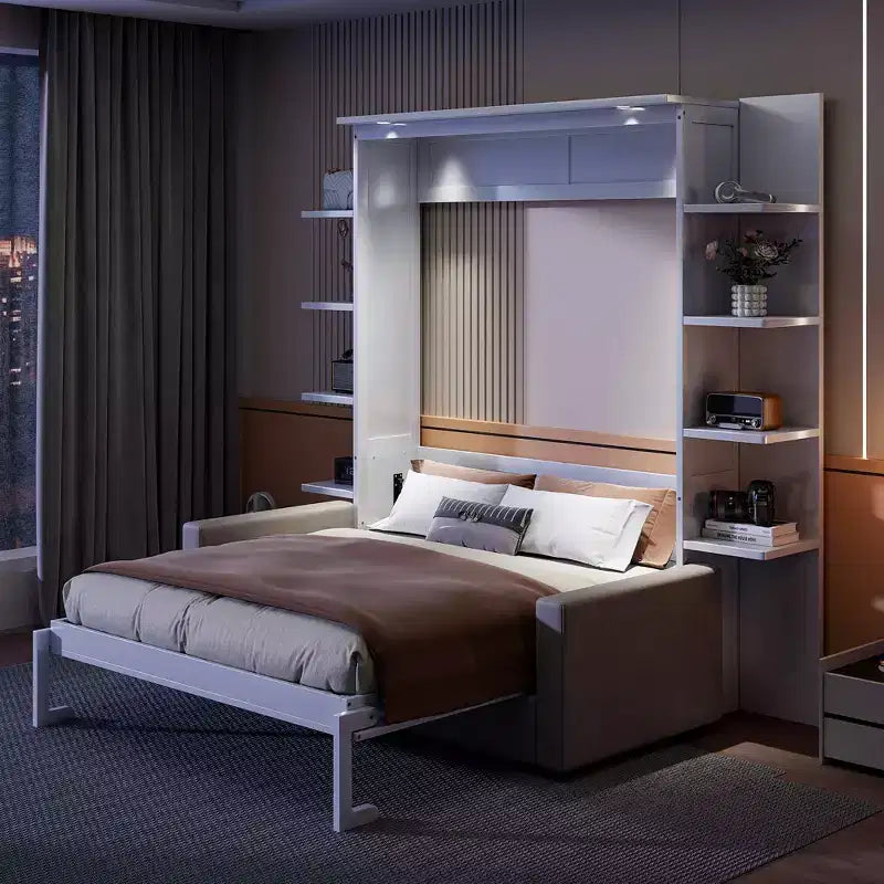 Queen-Murphy-Bett mit Sofa, Schrankbett in Queen-Size zum Zusammenklappen mit Bücherregal und Regalen für Gästezimmer oder Büro
