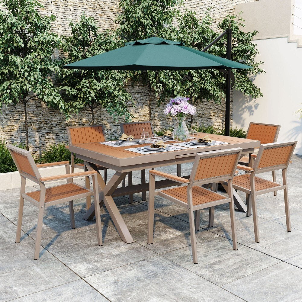 Modernes 7-teiliges Gartenmöbelset mit sechs Stühlen und ausziehbarem Tisch für die Terrasse