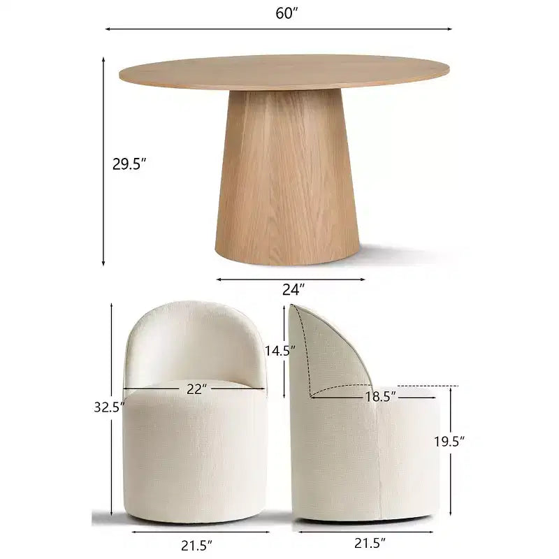 Ensemble de salle à manger moderne pour 6 personnes, table ronde à piètement central, fauteuils pivotants en forme de tonneau à roulettes, chenille texturée - Panipeachy