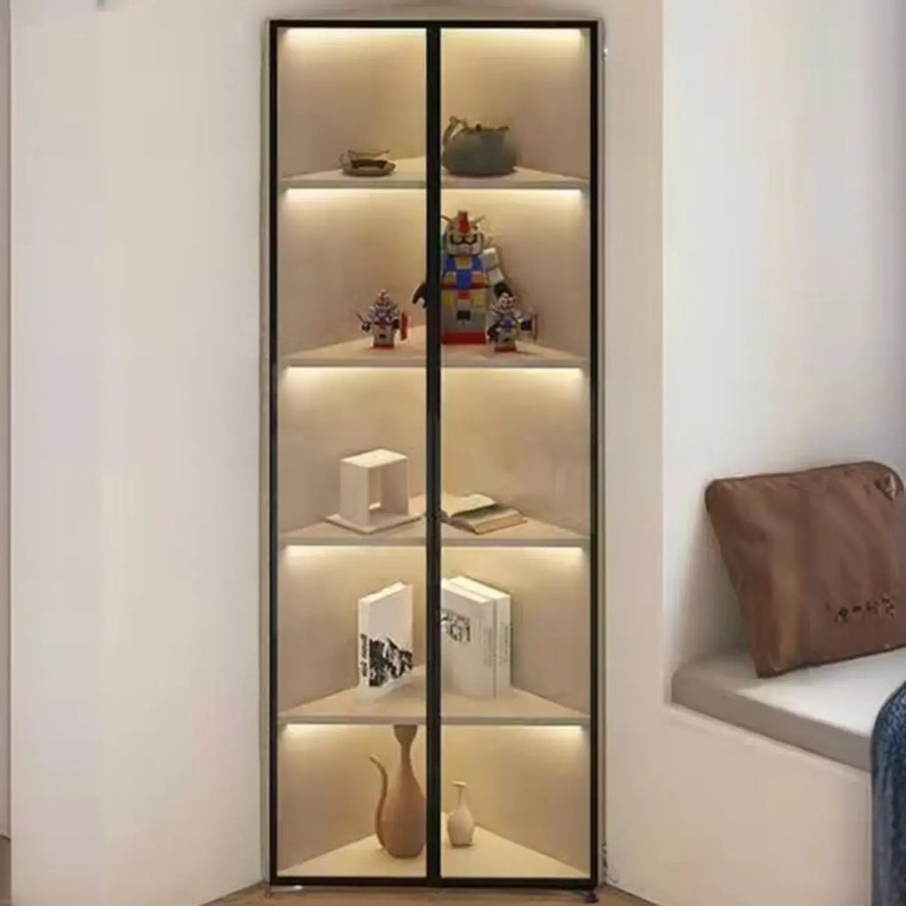 Moderner grauer Eckvitrinenschrank aus Metall und Holz mit Glastür