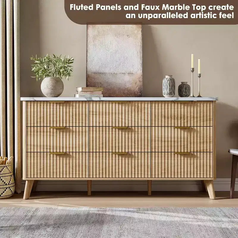 Commode met 9 gecanneleerde laden, moderne ladekast, houten commode-tv-meubel, gebogen ontwerp, voor de woonkamer of hal