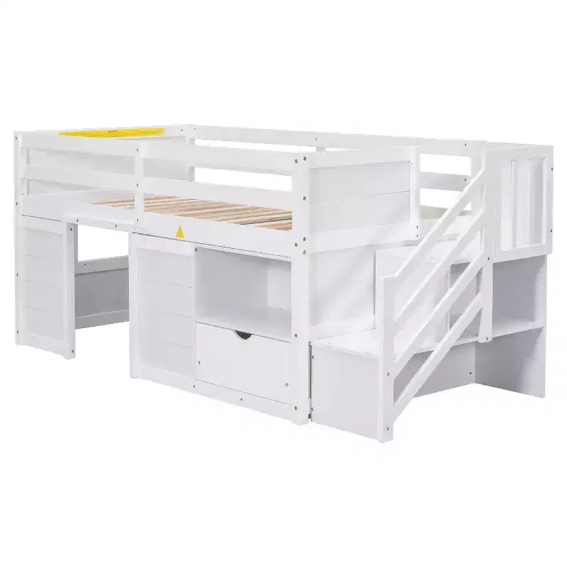 94.6L x 42.3W laag halfhoogslaper van massief hout voor een eenpersoonsbed, met trap, lade en plank, modern en strak ontwerp