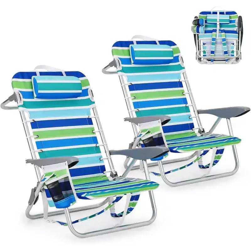 Acekool set van 2 lichtgewicht strandstoelen als rugzak, verstelbaar in 5 standen en plat te leggen, voor volwassenen, met banden, bekerhouder en handdoekstang, draagvermogen 300 lbs