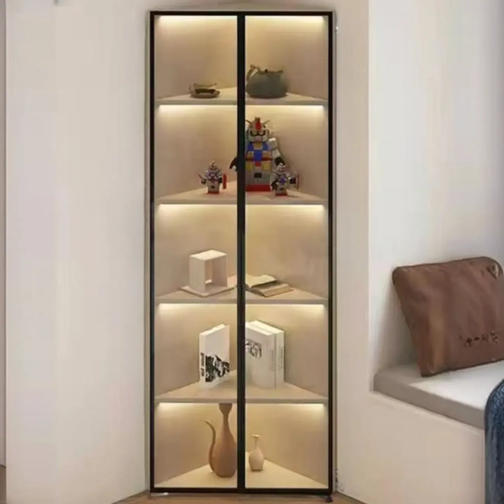 Moderner grauer Eckvitrinenschrank aus Metall und Holz mit Glastür