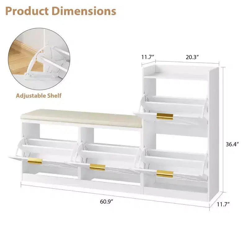 Meuble à chaussures style farmhouse avec banc, 4 tiroirs basculants pour l’entrée, organisateur de rangement avec assise rembourrée confortable, banc porte-chaussures autoportant