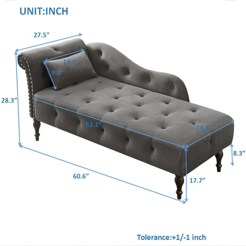 Moderne chaise longue van 60,6, bekleed met fluweel en voorzien van gecapitonneerde knopen, met poten van massief hout en sierspijkers
