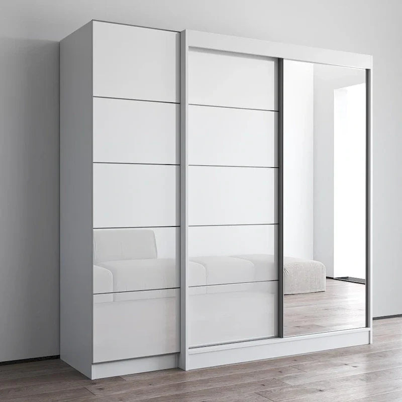 Kleiderschrank mit 2 Türen und Spiegel, Glasfront, für 2 Personen (Grau / Schwarz / Weiß)