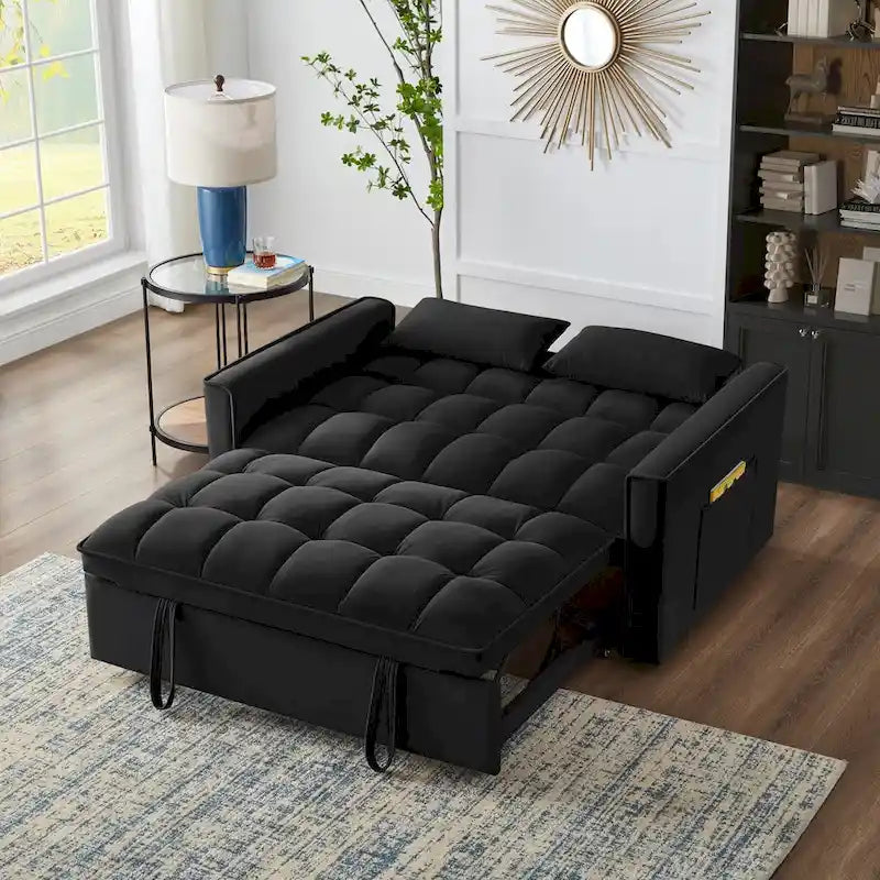 4-in-1-Zweisitzer-Schlafsofa mit Armlehnen und Aufbewahrungstaschen, multifunktionales, getuftetes Ausziehsofa mit verstellbarer Rückenlehne
