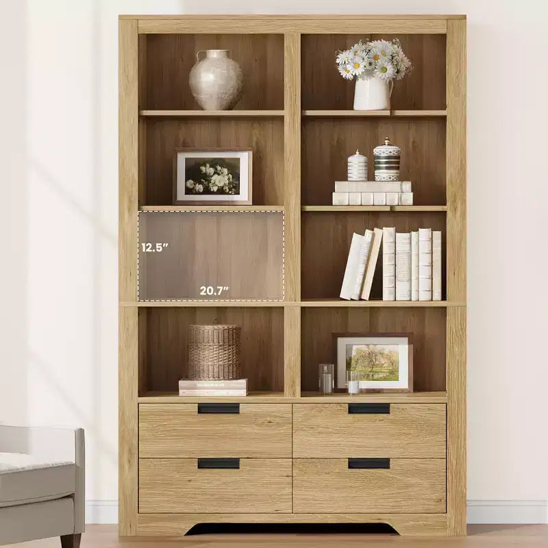 Boekenkast van 72 inch hoog met 4 laden, vrijstaande opbergboekenkast in boerderijstijl voor de slaapkamer, woonkamer en het thuiskantoor