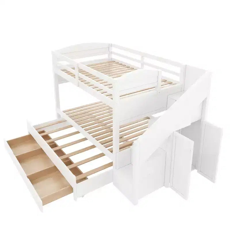 Whisen XL-Etagenbettgestell mit Ausziehbett, Etagenbett mit Stauraum, Etagenbett aus Massivholz, Stauraumtreppe, Kleiderschrank, 3 Schubladen, für Kinder