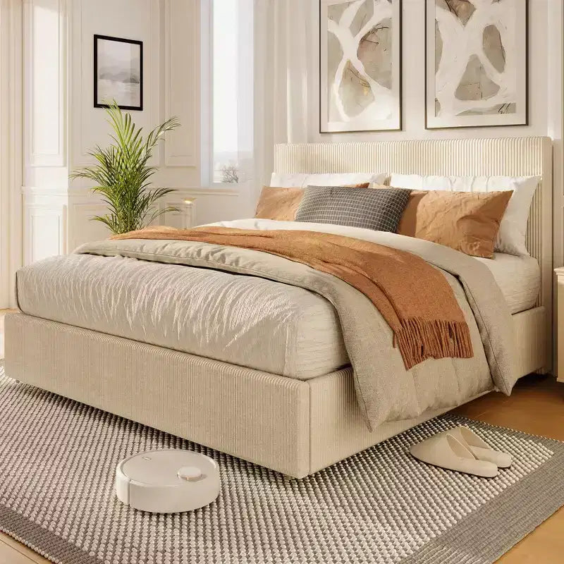 CuisinSmart-Bettrahmen aus Cord mit Kopfteil, gepolsterter Plattformbett-Rahmen mit 4 Schubladen und Lattenrost aus Holz