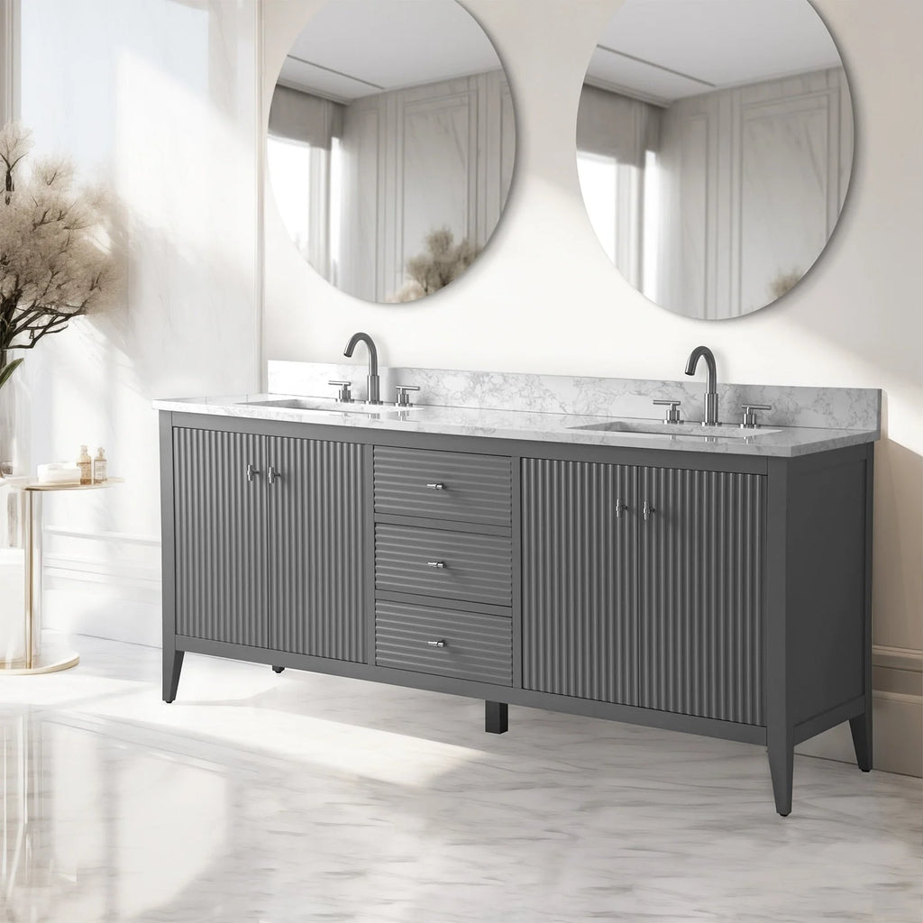 Vanity Art 72 Double Sink Bathroom Vanity Cabinet with Engineered Marble Top