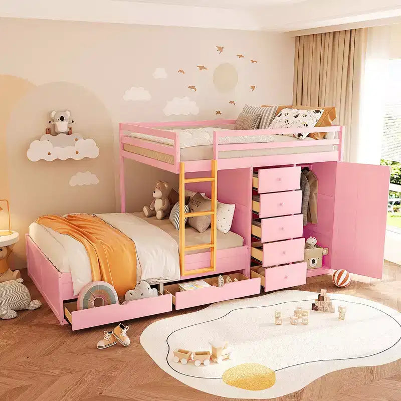 Stapelbed met twee tweepersoonsbedden, opbergkast en laden, houten stapelbed in tweepersoonsformaat met ruimtebesparend ontwerp en veiligheidsreling voor appartement en slaapkamer